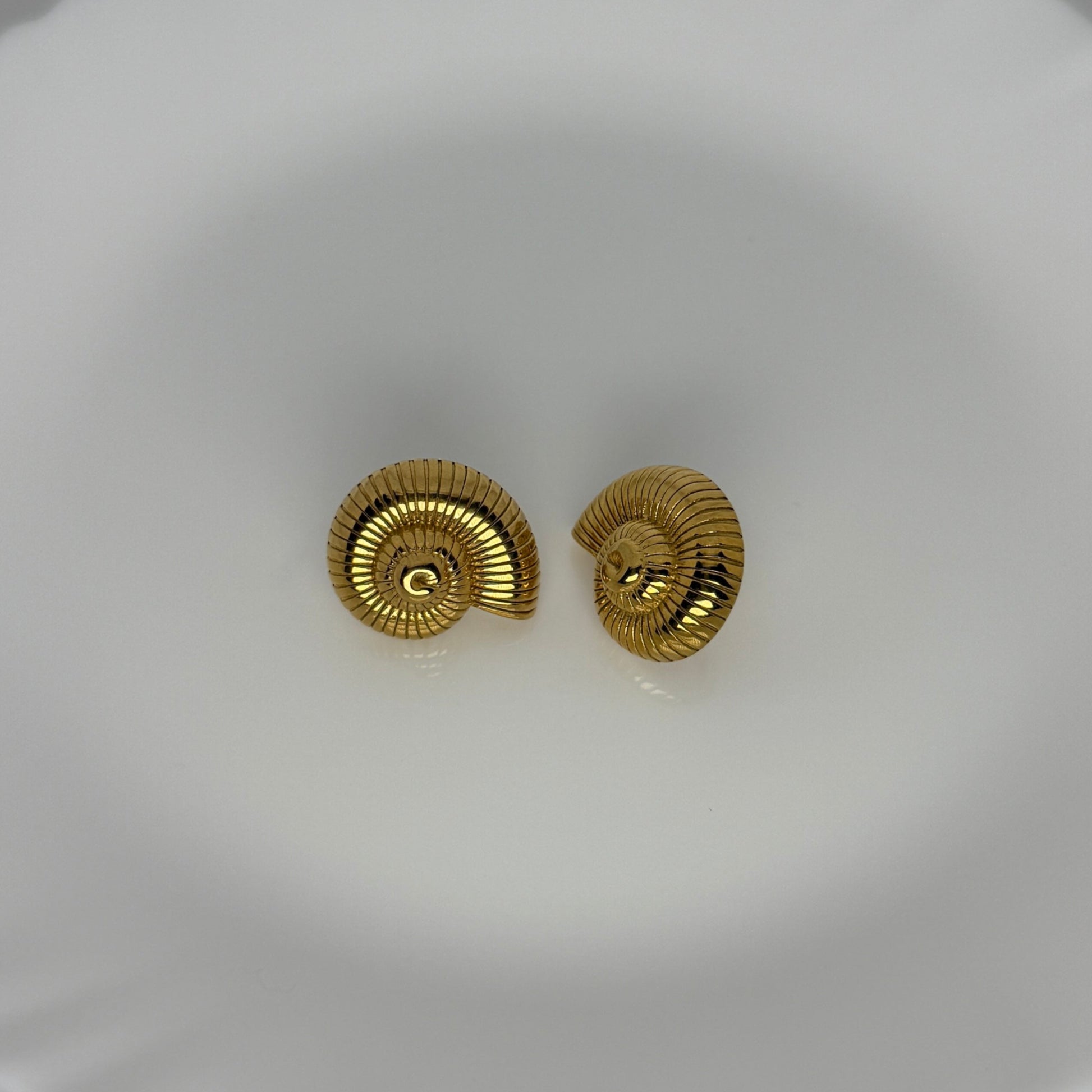 Gold spiral earrings on a white dish