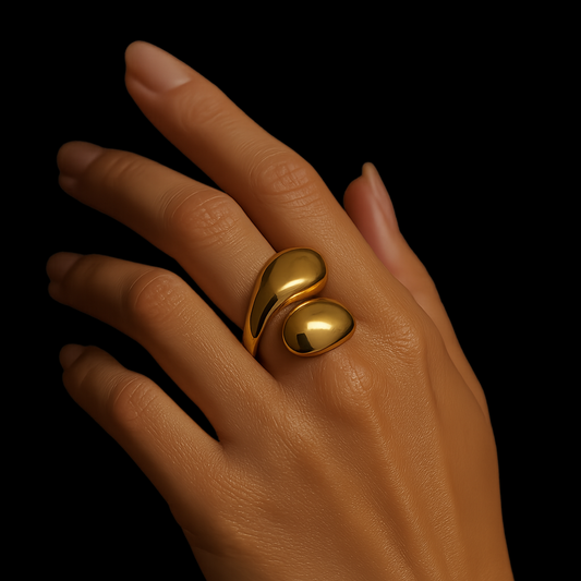 Gold ring on a hand against a black background